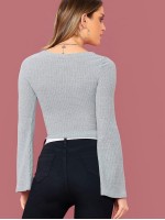 Drawstring Ruched Front Flare Sleeve Rib-knit Top