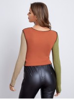 Seam Front Asymmetrical Hem Colorblock Top