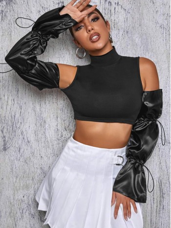 High Neck Crop Top With  Drawstring Satin Oversleeve