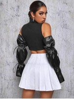 High Neck Crop Top With  Drawstring Satin Oversleeve