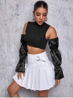 High Neck Crop Top With  Drawstring Satin Oversleeve