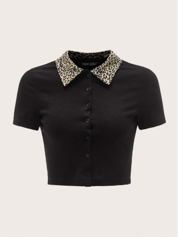 Leopard Collared Buttoned Front Crop Top