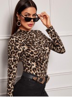 Mock-neck Form Fitted Leopard Tee