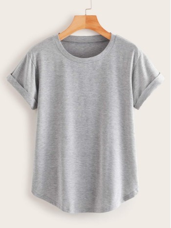 Basic Heathered Knit Rolled Cuff Curved Tee