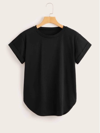 Basic Solid Rolled Cuff Curved Tee