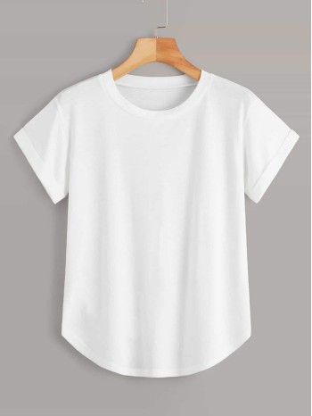 Basic Solid Rolled Cuff Curved Tee