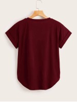 Rolled Cuff Curved Hem Solid Tee