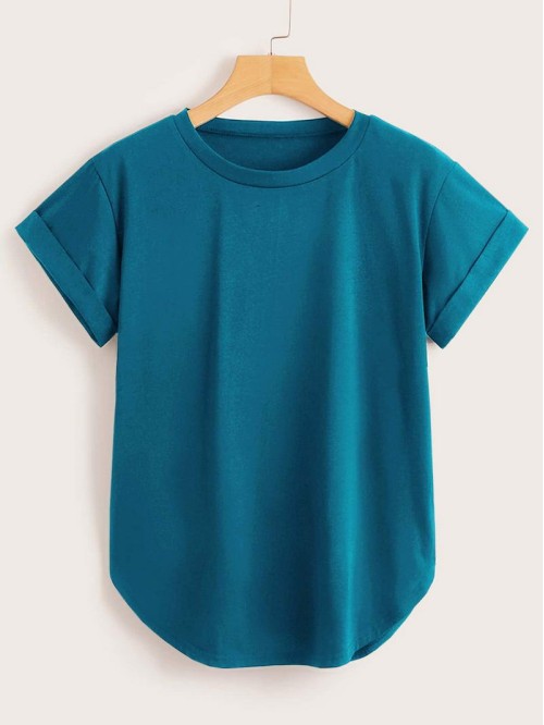 Rolled Cuff Curved Hem Tee