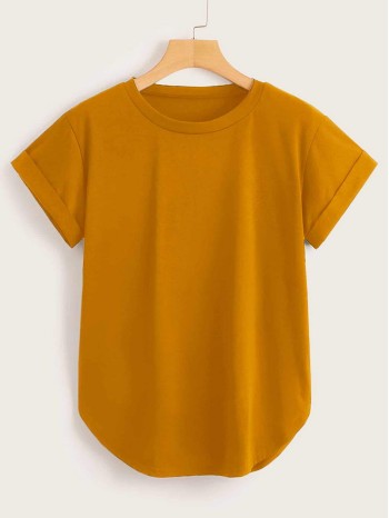 Basic Solid Rolled Cuff Curved Tee