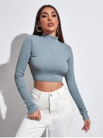 Mock-neck Knotted Backless Crop Tee