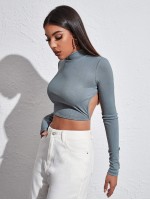 Mock-neck Knotted Backless Crop Tee