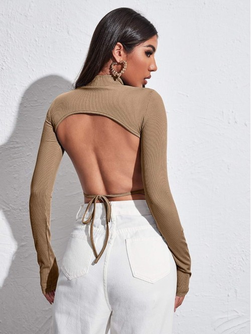 Mock-neck Knotted Backless Crop Tee