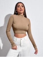 Mock-neck Knotted Backless Crop Tee