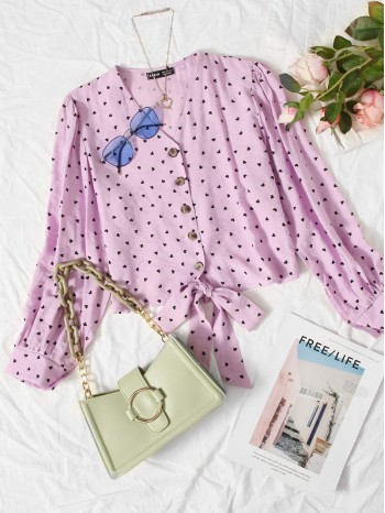 Allover Heart Print Tie Hem Blouse