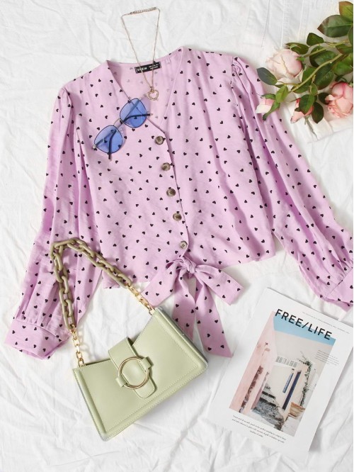 Allover Heart Print Tie Hem Blouse