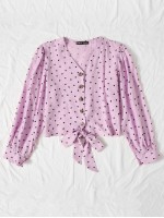 Allover Heart Print Tie Hem Blouse