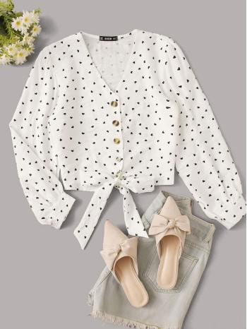 Button Front Knotted Hem Heart Print Blouse