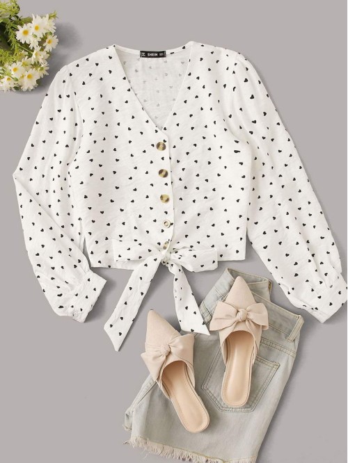 Button Front Knotted Hem Heart Print Blouse