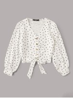 Button Front Knotted Hem Heart Print Blouse