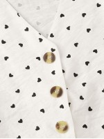 Button Front Knotted Hem Heart Print Blouse