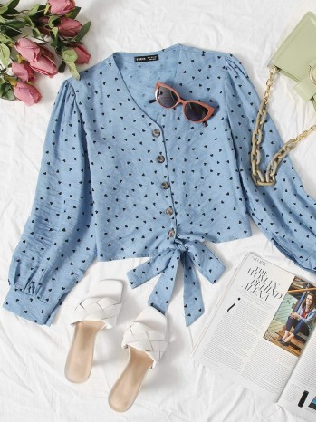 Button Front Knotted Hem Heart Print Blouse