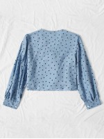 Button Front Knotted Hem Heart Print Blouse