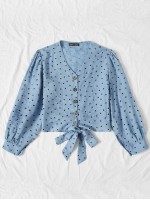 Button Front Knotted Hem Heart Print Blouse