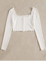 Lettuce Trim Buttoned Front Rib-knit Top