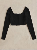 Lettuce Trim Buttoned Front Rib-knit Top