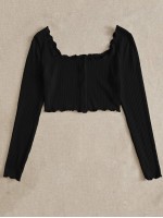 Lettuce Trim Buttoned Front Rib-knit Top