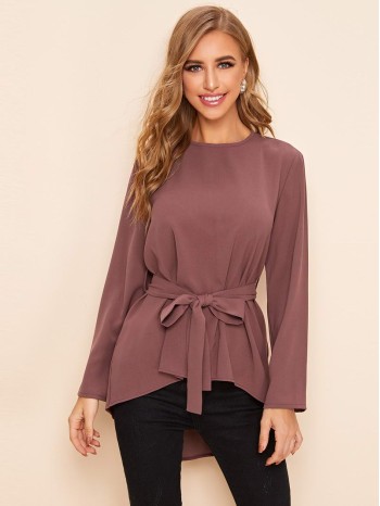 Solid Belted High Low Hem Blouse