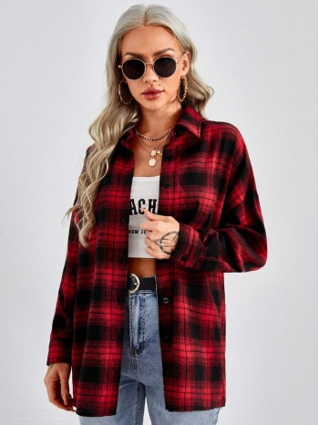 Tartan Drop Shoulder Button Front Blouse