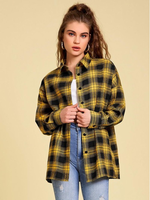 Tartan Drop Shoulder Button Front Blouse