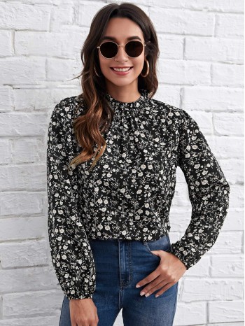 Frilled Neck Lantern Sleeve Ditsy Floral Top