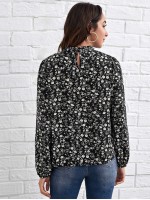 Frilled Neck Lantern Sleeve Ditsy Floral Top