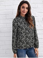 Frilled Neck Lantern Sleeve Ditsy Floral Top