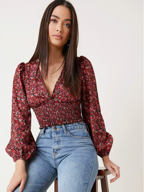 Bishop Sleeve Shirred Detail Ditsy Floral Top