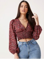 Bishop Sleeve Shirred Detail Ditsy Floral Top