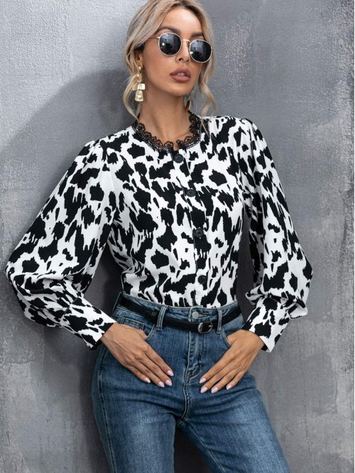 Abstract Print Bishop Sleeve Buttoned Shirt