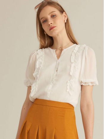 PREMIUM Puff Sleeve Ruffle Trim Blouse