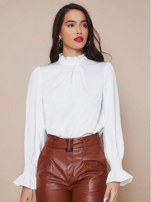 Frill Mock Neck Flounce Sleeve Solid Top