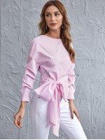 Drop Shoulder Belted Striped Top