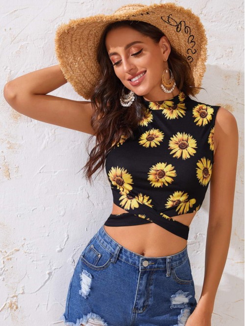 Mock-Neck Crisscross Hem Sunflower Print Top