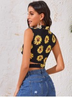 Mock-Neck Crisscross Hem Sunflower Print Top