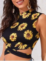 Mock-Neck Crisscross Hem Sunflower Print Top