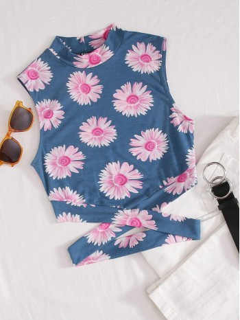 Mock-Neck Crisscross Hem Sunflower Print Top