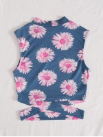 Mock-Neck Crisscross Hem Sunflower Print Top