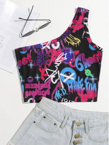 One Shoulder Letter and Graphic Print Crop Top