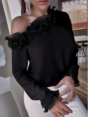 Asymmetric Neck Ruffle Trim Blouse