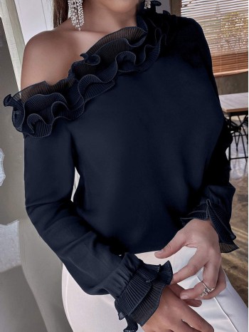 Asymmetric Neck Ruffle Trim Blouse